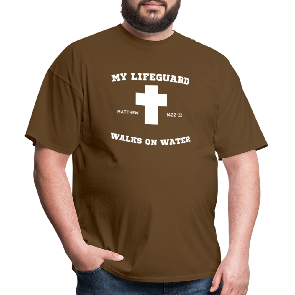 My Lifeguard Walks On Water | Cross | Dark Color T-Shirt - brown