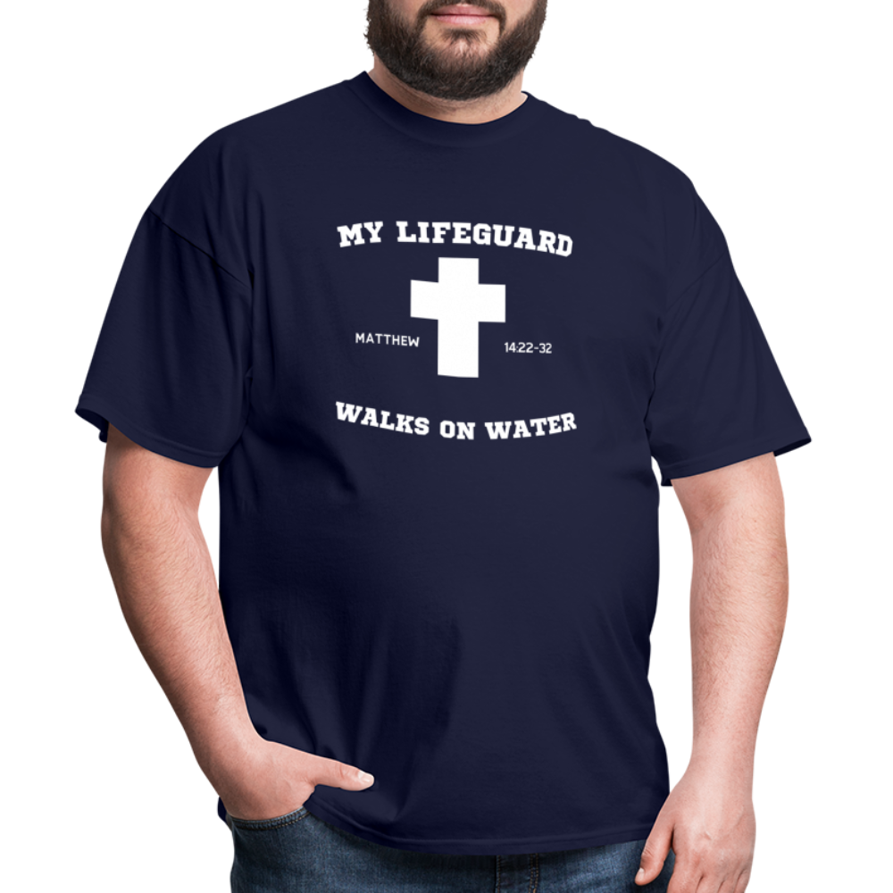 My Lifeguard Walks On Water | Cross | Dark Color T-Shirt - navy